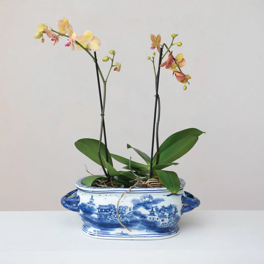 Oval Stoneware Planter with Landscape & Handles