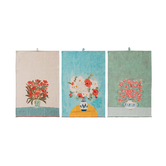 Cotton & Linen Printed Tea Towel with Flowers
