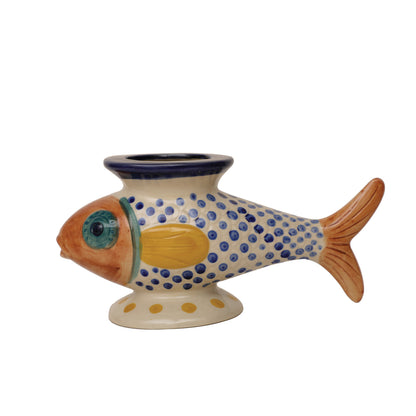 Hand-Painted Stoneware Footed Fish Shaped Vase, Cream