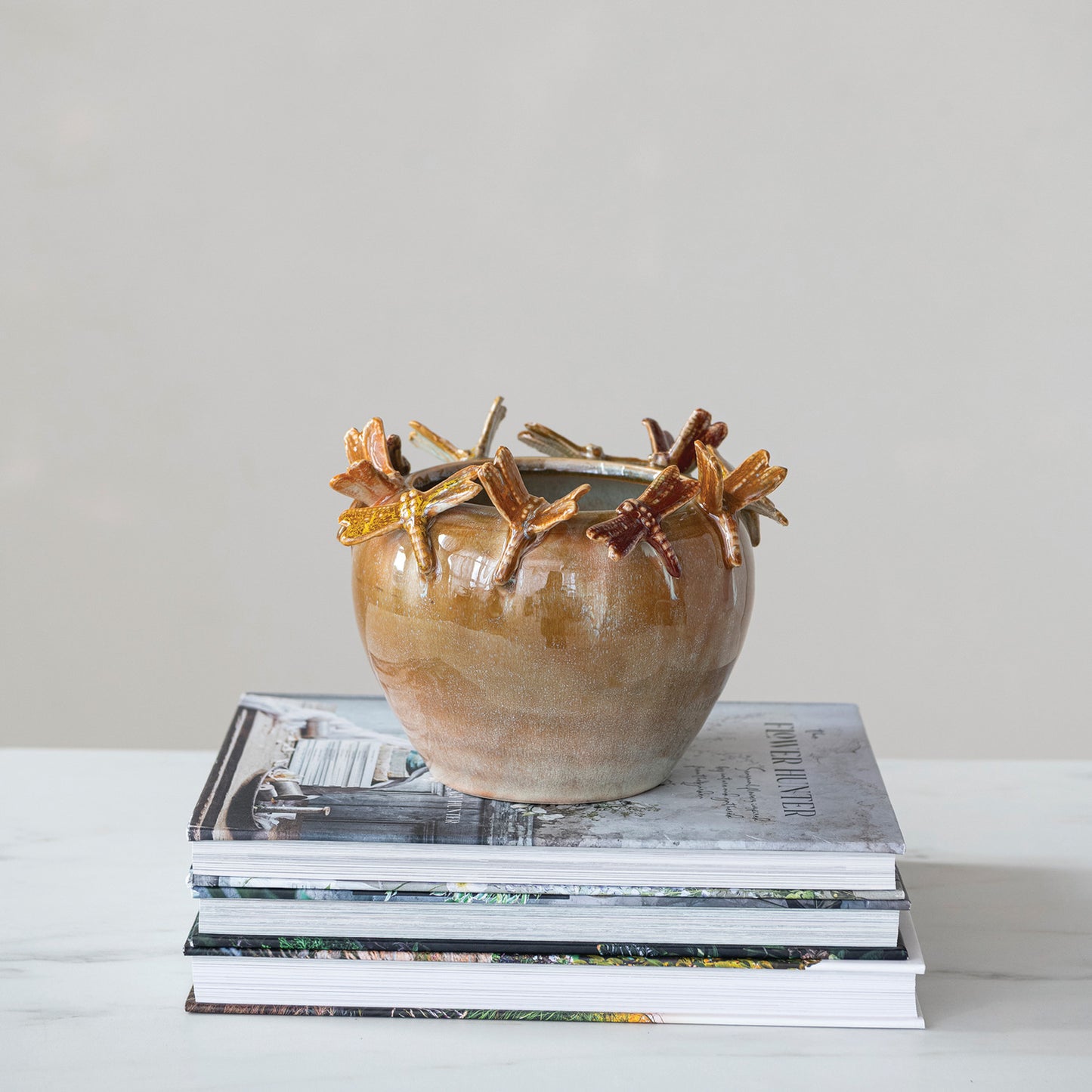 Stoneware Planter with 3D Dragonflies