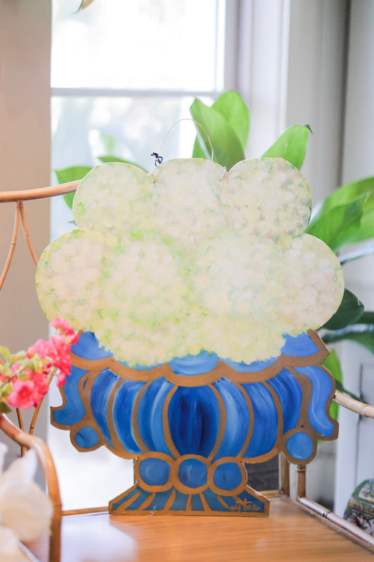 Hydrangeas - Green in Blue Urn Door Hanger