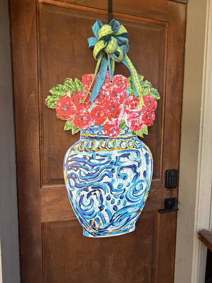 Chinoiserie Vase with Red Florals Door Hanger