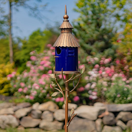 Iron and Cobalt Blue Porcelain Birdhouse Stake