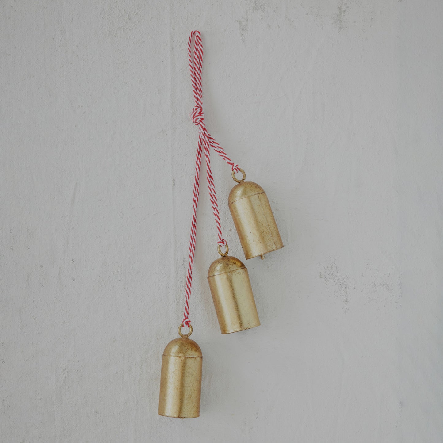 Hanging Metal Bells with Red & White Cord, Gold Finish