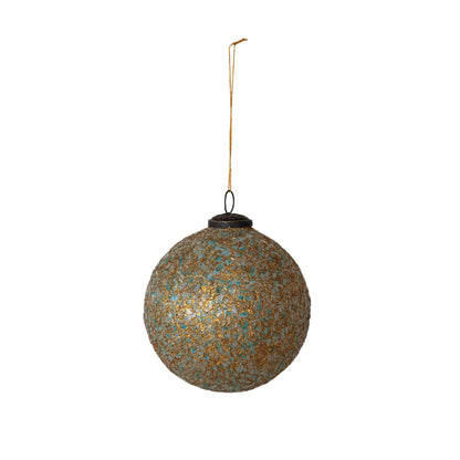 Glass Ball Ornament with Mica Flakes, Gold Finish & Teal