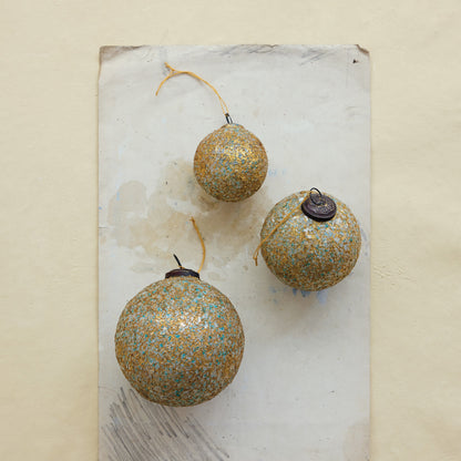 Glass Ball Ornament with Mica Flakes, Gold Finish & Teal