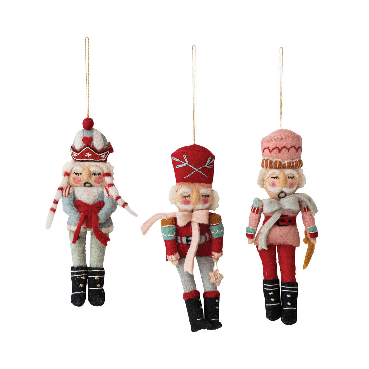 Handmade Wool Felt Nutcracker Ornament with Embroidery & Beads, 3 Styles