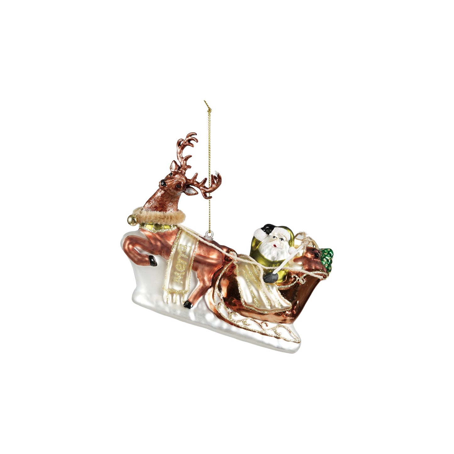 Hand-Painted Glass Santa's Sleigh & Reindeer Ornament with Glitter