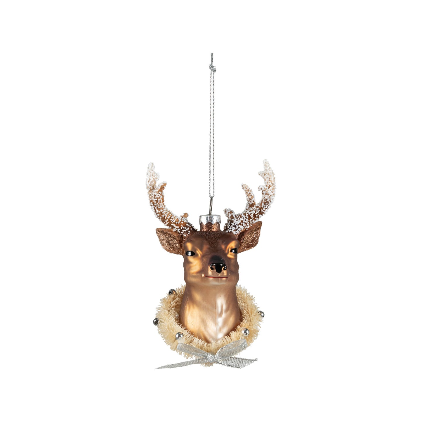 Hand-Painted Glass Deer Head Ornament with Wreath, Beads, Glitter & Bow
