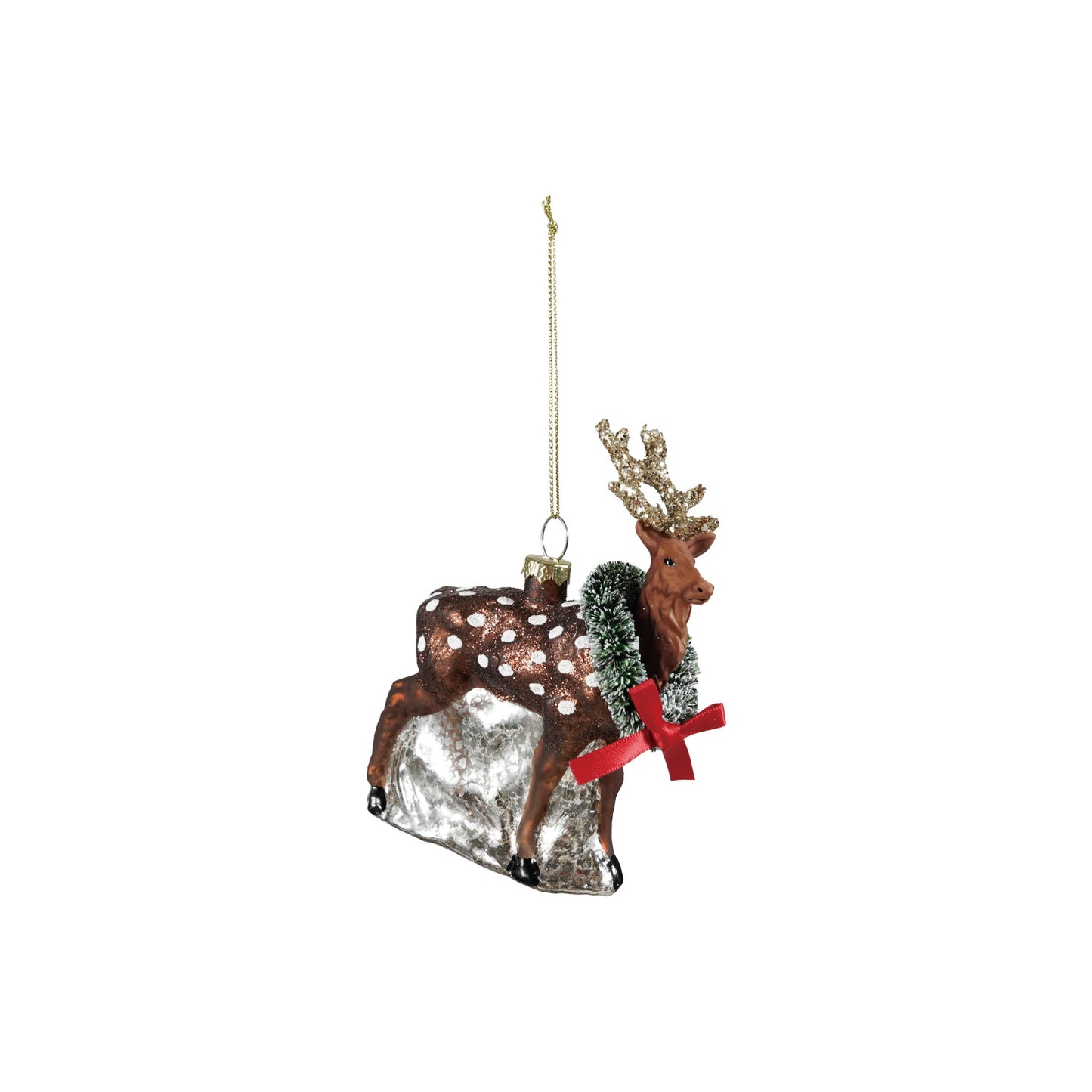 Glass Deer Ornament with Wreath, Bow & Glitter